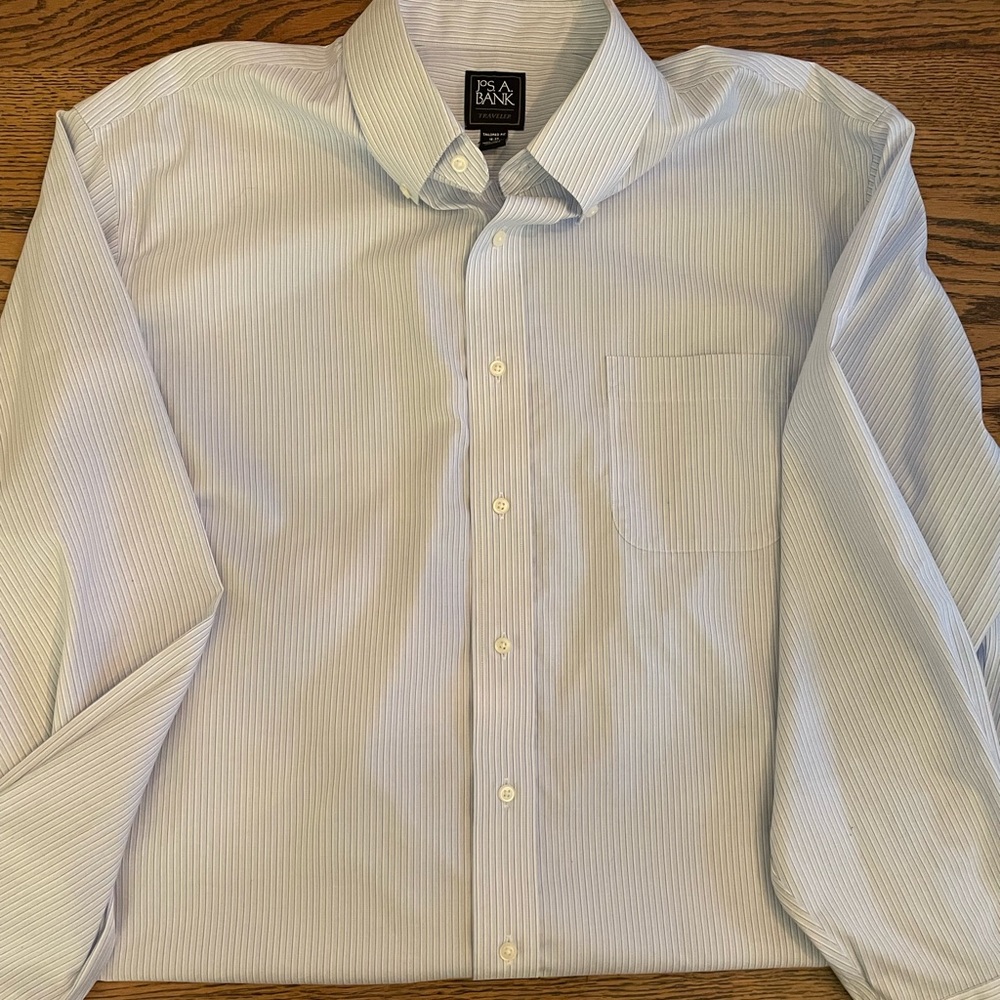 Jos. A. Bank men’s button up shirt, blue and white striped. Size 18/35
